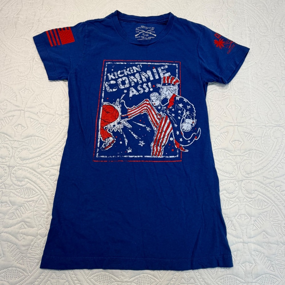 Grunt Style Kickin Commie Ass Uncle Sam Graphic T-Shirt Blue Small